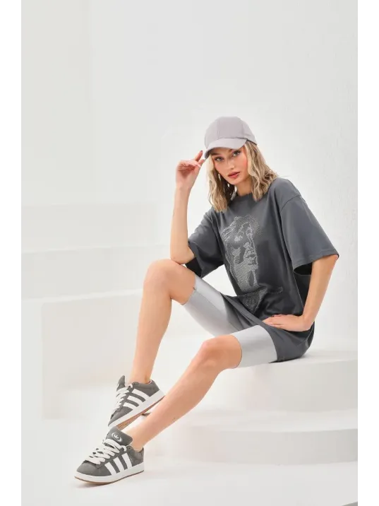Unisex Taş Desenli Oversize T-Shirt - Füme