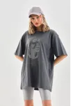 Unisex Taş Desenli Oversize T-shirt - Füme