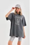 Unisex Taş Desenli Oversize T-shirt - Füme