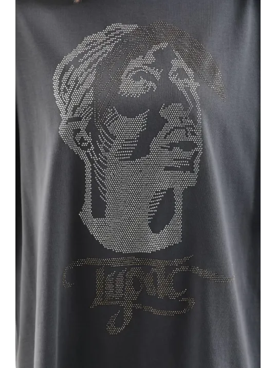 Unisex Taş Desenli Oversize T-Shirt - Füme