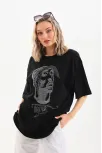 Unisex Taş Desenli Oversize T-shirt - Siyah