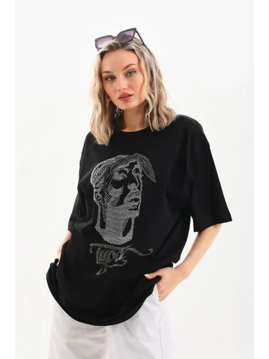Unisex Taş Desenli Oversize T-Shirt - Siyah Unisex Taş Desenli Oversize T-Shirt - Siyah