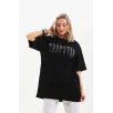 Unisex Taş Desenli Oversize T-Shirt - Siyah