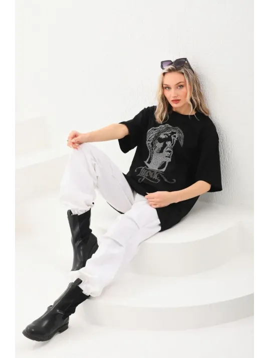 Unisex Taş Desenli Oversize T-Shirt - Siyah