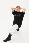 Unisex Taş Desenli Oversize T-shirt - Siyah