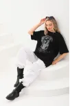 Unisex Taş Desenli Oversize T-shirt - Siyah