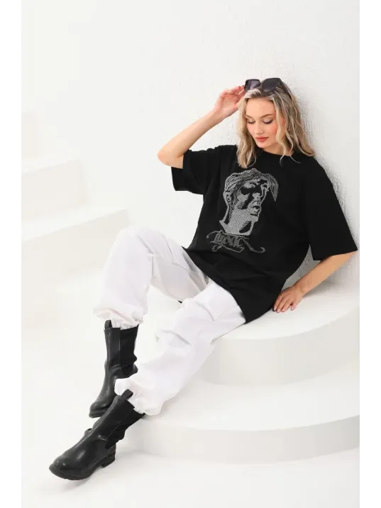 Unisex Taş Desenli Oversize T-Shirt - Siyah