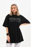 Unisex Taş Desenli Oversize T-shirt - Siyah