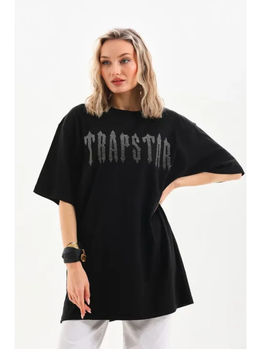 Unisex Taş Desenli Oversize T-Shirt - Siyah Unisex Taş Desenli Oversize T-Shirt - Siyah