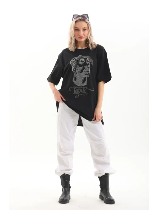 Unisex Taş Desenli Oversize T-Shirt - Siyah