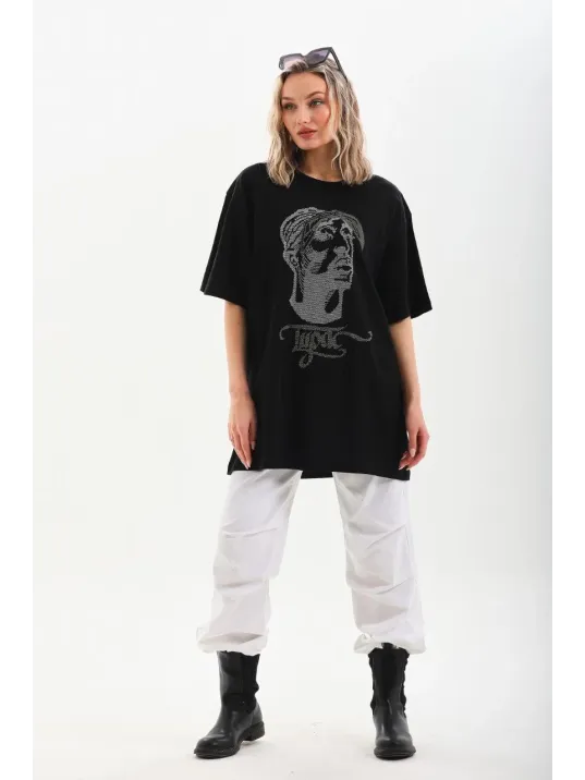 Unisex Taş Desenli Oversize T-Shirt - Siyah