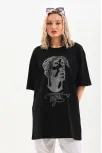 Unisex Taş Desenli Oversize T-shirt - Siyah