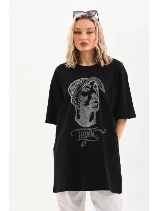 Unisex Taş Desenli Oversize T-Shirt - Siyah