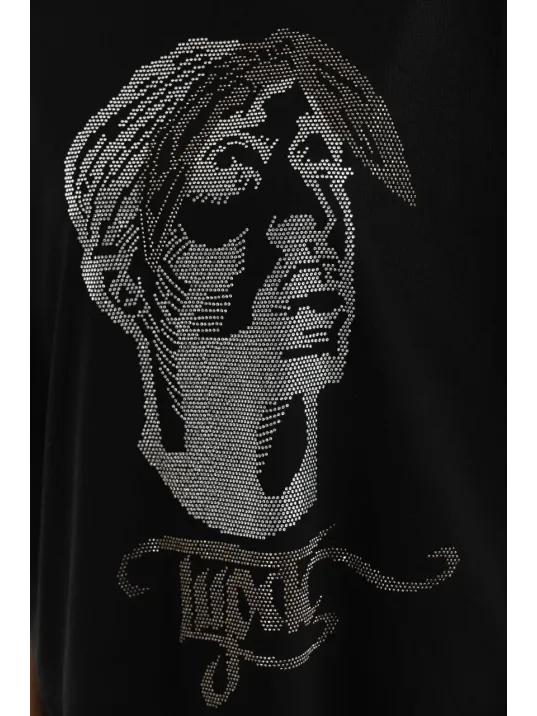 Unisex Taş Desenli Oversize T-Shirt - Siyah