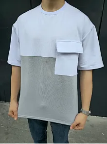 Unisex Torba Cep Detaylı Parçalı T-shirt - Gri