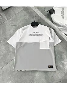 Unisex Torba Cep Detaylı  Parçalı T-shirt - Gri
