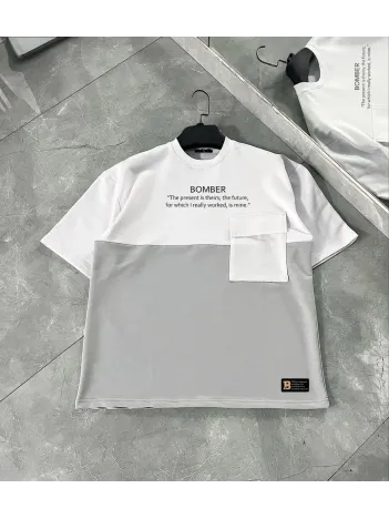 Unisex Torba Cep Detaylı  Parçalı T-Shirt - Gri Unisex Torba Cep Detaylı  Parçalı T-Shirt - Gri