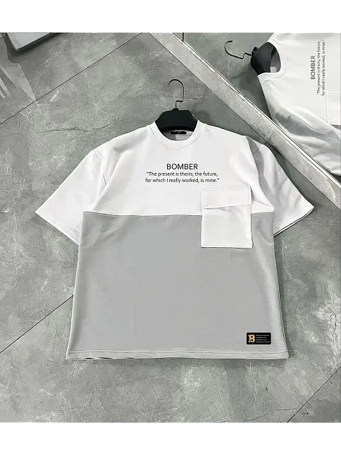 Unisex Torba Cep Detaylı  Parçalı T-shirt - Gri