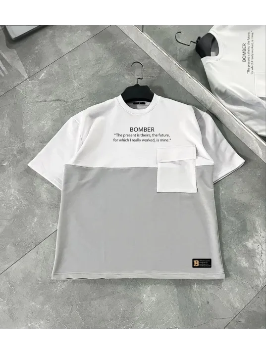 Unisex Torba Cep Detaylı  Parçalı T-Shirt - Gri Unisex Torba Cep Detaylı  Parçalı T-Shirt - Gri