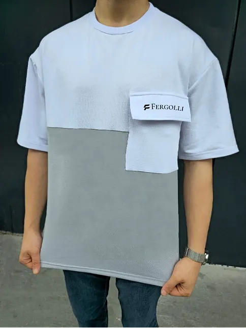 Unisex Torba Cep Detaylı  Parçalı T-shirt - Gri