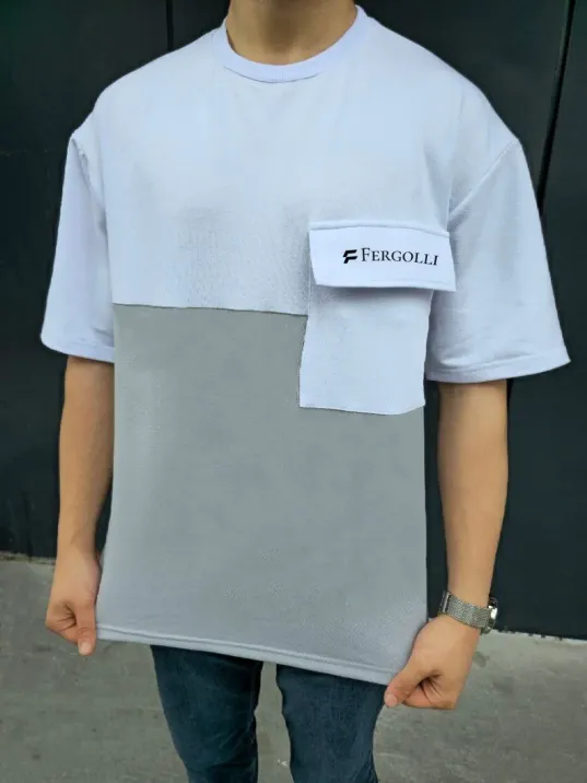 Unisex Torba Cep Detaylı  Parçalı T-Shirt - Gri Unisex Torba Cep Detaylı  Parçalı T-Shirt - Gri