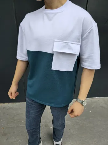 Unisex Torba Cep Detaylı Parçalı T-Shirt - Lacivert Unisex Torba Cep Detaylı Parçalı T-Shirt - Lacivert