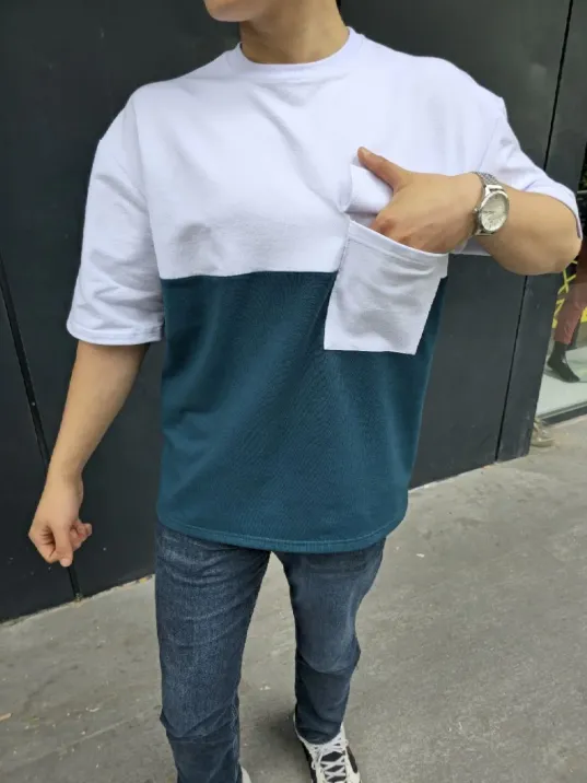 Unisex Torba Cep Detaylı Parçalı T-Shirt - Lacivert Unisex Torba Cep Detaylı Parçalı T-Shirt - Lacivert