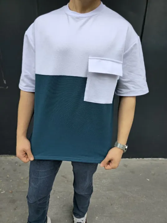 Unisex Torba Cep Detaylı Parçalı T-Shirt - Lacivert Unisex Torba Cep Detaylı Parçalı T-Shirt - Lacivert