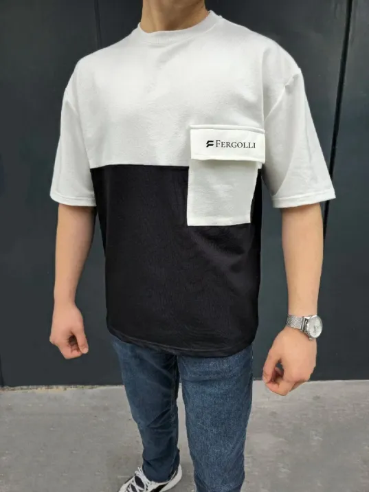 Unisex Torba Cep Detaylı  Parçalı T-Shirt - Siyah Unisex Torba Cep Detaylı  Parçalı T-Shirt - Siyah