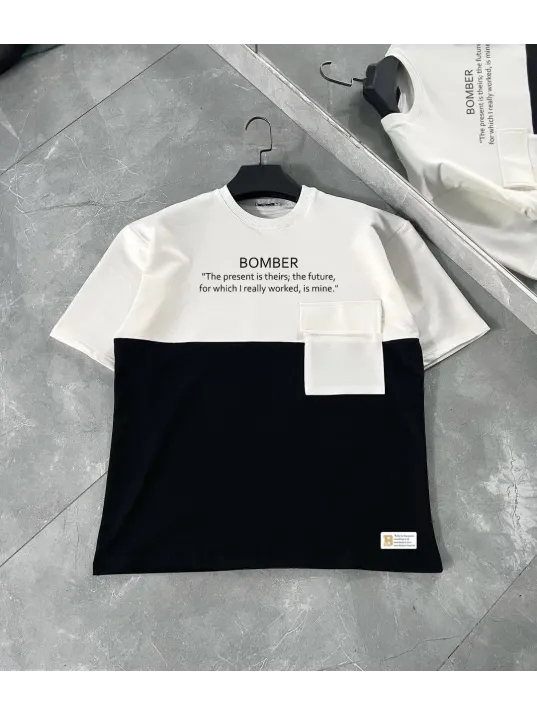 Unisex Torba Cep Detaylı  Parçalı T-Shirt - Siyah Unisex Torba Cep Detaylı  Parçalı T-Shirt - Siyah