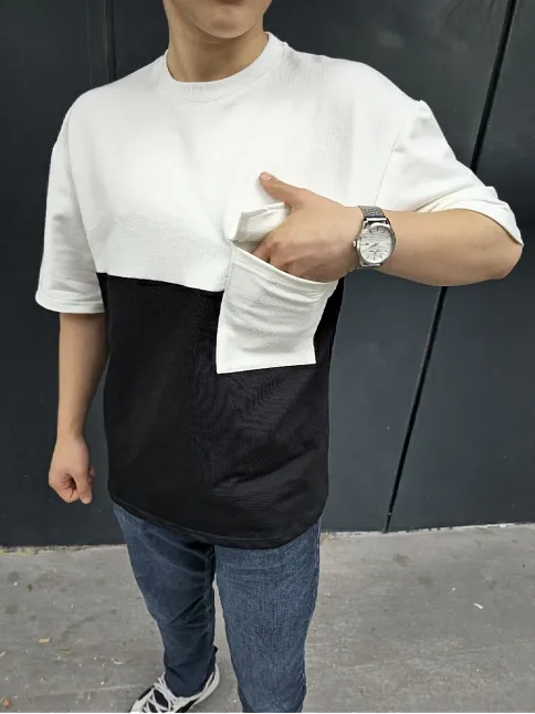 Unisex Torba Cep Detaylı Parçalı T-shirt - Siyah