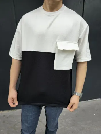 Unisex Torba Cep Detaylı Parçalı T-Shirt - Siyah Unisex Torba Cep Detaylı Parçalı T-Shirt - Siyah