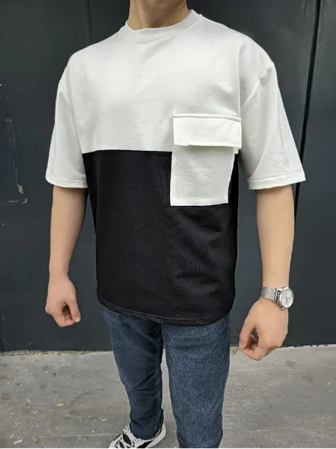 Unisex Torba Cep Detaylı Parçalı T-shirt - Siyah