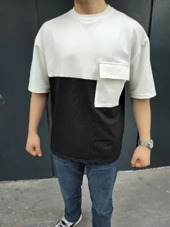 Unisex Torba Cep Detaylı Parçalı T-Shirt - Siyah Unisex Torba Cep Detaylı Parçalı T-Shirt - Siyah