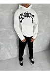 Unisex Üç İplik Kapüşonlu Baskılı Sweatshirt - Beyaz