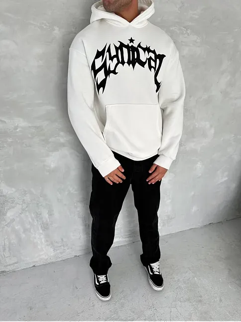 Unisex Üç İplik Kapüşonlu Baskılı Sweatshirt - Beyaz