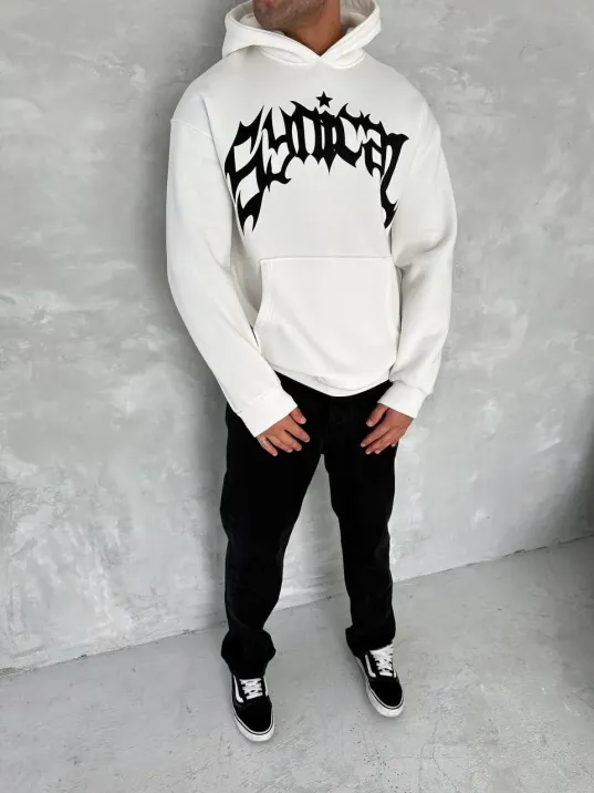 Unisex Üç İplik Kapüşonlu Baskılı SweatShirt - Beyaz