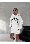 Unisex Üç İplik Kapüşonlu Baskılı Sweatshirt - Beyaz