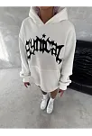 Unisex Üç İplik Kapüşonlu Baskılı Sweatshirt - Beyaz