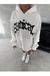 Unisex Üç İplik Kapüşonlu Baskılı Sweatshirt - Beyaz