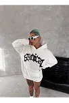 Unisex Üç İplik Kapüşonlu Baskılı Sweatshirt - Beyaz