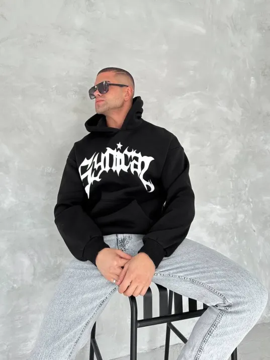 Unisex Üç İplik Kapüşonlu Baskılı SweatShirt - Siyah