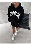 Unisex Üç İplik Kapüşonlu Baskılı Sweatshirt - Siyah