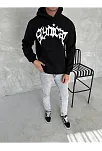 Unisex Üç İplik Kapüşonlu Baskılı Sweatshirt - Siyah