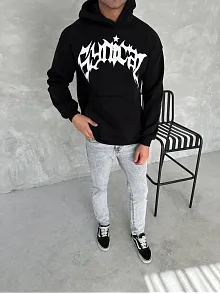 Unisex Üç İplik Kapüşonlu Baskılı Sweatshirt - Siyah