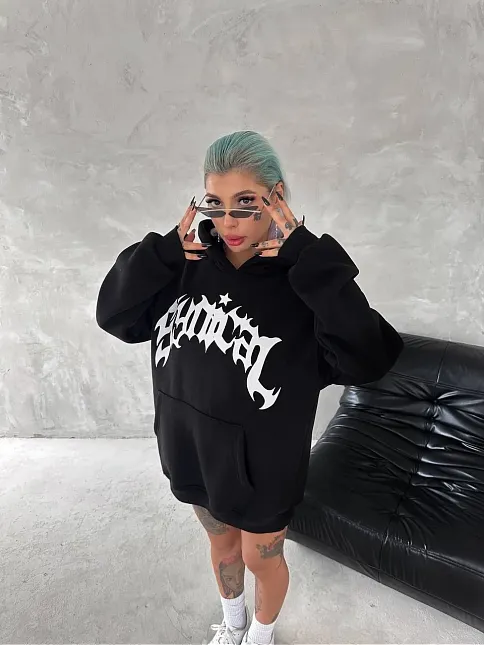 Unisex Üç İplik Kapüşonlu Baskılı Sweatshirt - Siyah