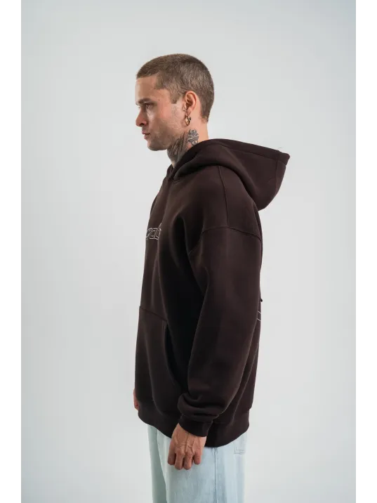 Unisex Üç İplik Kapşonlu Nakışlı Sweatshirt - Kahve