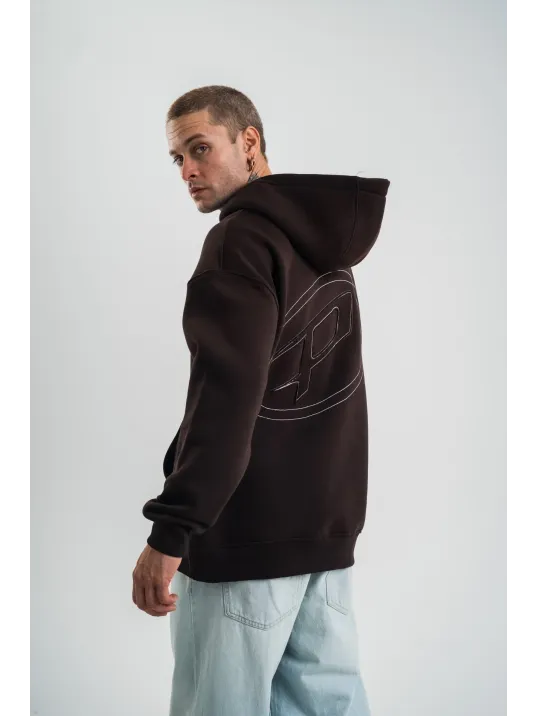 Unisex Üç İplik Kapşonlu Nakışlı Sweatshirt - Kahve