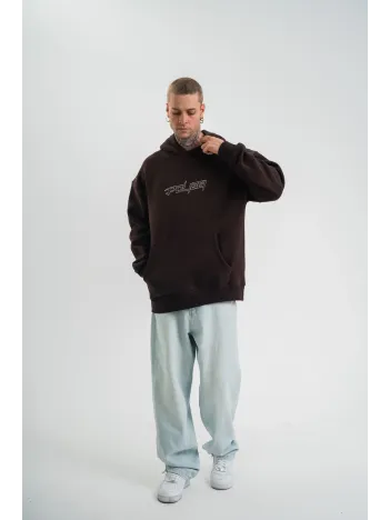 Unisex Üç İplik Kapşonlu Nakışlı Sweatshirt - Kahve