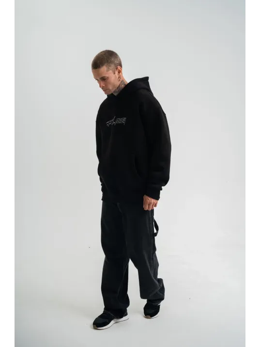 Unisex Üç İplik Kapşonlu Nakışlı Sweatshirt - Siyah Unisex Üç İplik Kapşonlu Nakışlı Sweatshirt - Siyah